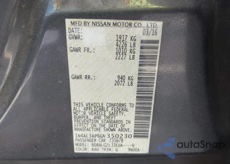 2016 Nissan Altima 2.5 S из США, поврежденный, VIN 1N4AL3AP6GN350230